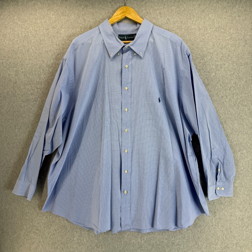 Ralph Lauren Mens Size 20 34 / 35 4XL Dress Shirt Blue Plaid Button Down LS Pony